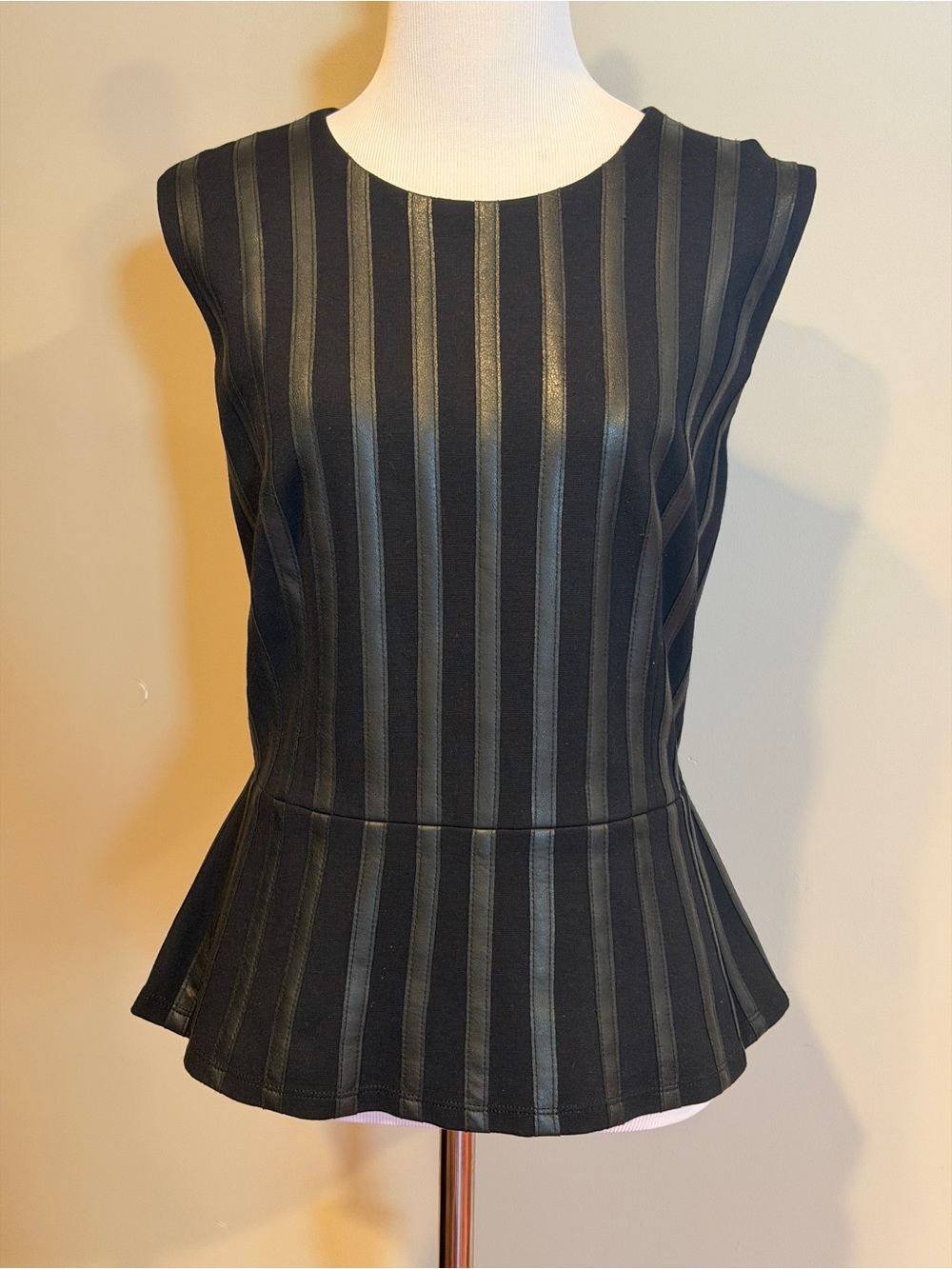 BCBGMaxAzria Black Vertical Leather Stripe Peplum Sleeveless Top - Size Large